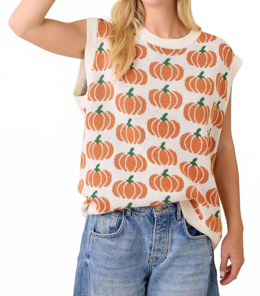NEW MAIN STRIP pumpkin print sleeveless sweater knit top in ivory/orange